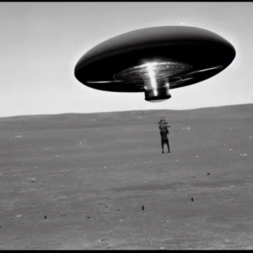 Prompt: ufo 1 9 4 7 landed aliens, black and white photograph