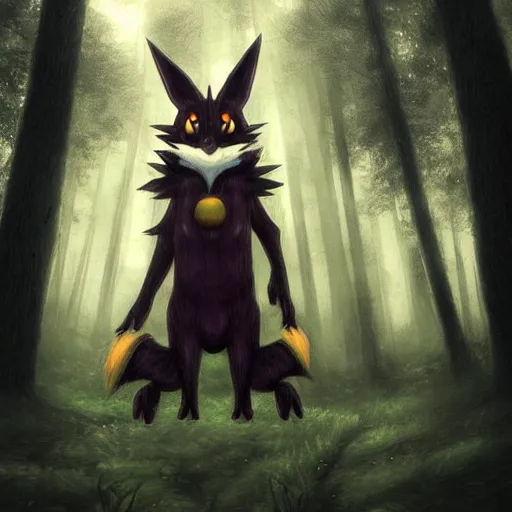 Prompt: a renamon digimon as a cryptid in a dark ominous forest, foggy, dim lighting, artwork by andrew ferez