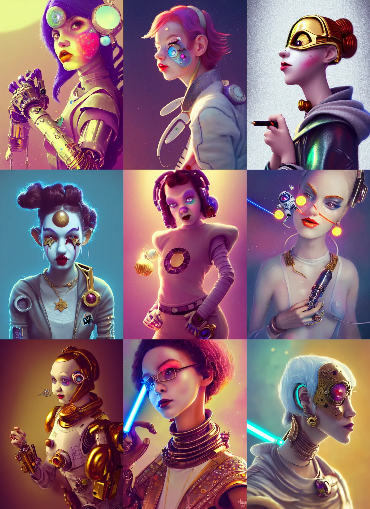 Prompt: pixar 8 k photo, beautiful shiny white porcelain rich grand pearlescent skate punk edc star wars clowncore cyborg college girl, rapper jewelry, golden ratio, sci fi, fantasy, cyberpunk, intricate, decadent, highly detailed, digital painting, octane render, artstation, concept art, smooth, sharp focus, illustration, art by loish, wlop