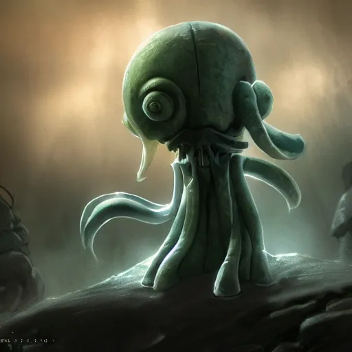 Image similar to squidward as a dark souls boss artstation cinematic detailed concept art volumetric light sharp coherent cgsociety symmetric perfect well balanced shadows lotr technogoddess