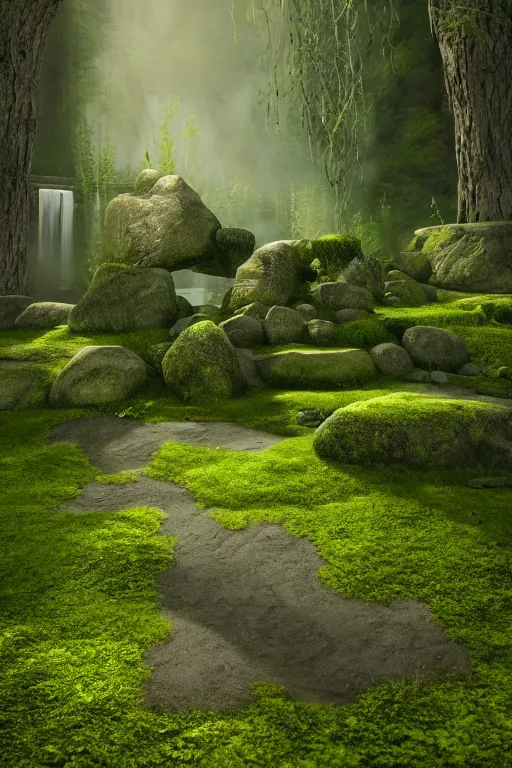 Prompt: the entrance of valhalla, beautiful composition, nature, mossy stone, low angle, rays of light, light dust, octane render, unreal engine, photography, 8 k