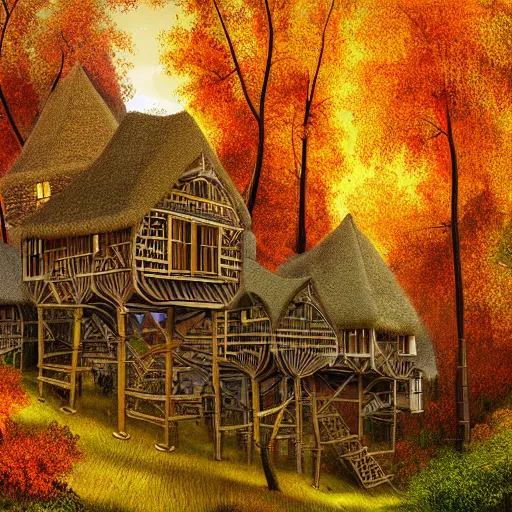 Prompt: a village full of tree houses nestled in a forest, golden hour, autumn leaves, realistic high quality art digital art