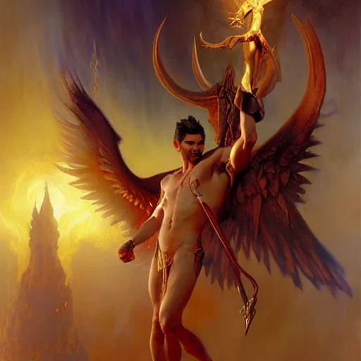 Image similar to attractive male lucifer morning star casting a spell summoning male demons, they rise from down bellow. highly detailed painting by gaston bussiere, craig mullins, j. c. leyendecker, 8 k