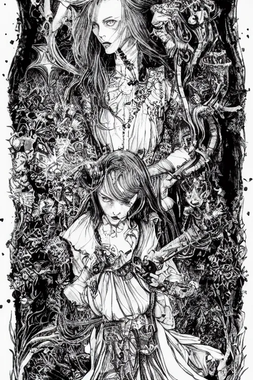 Image similar to Gothic Alice in wonderland tarot card , pen and ink, intricate line drawings, by Yoshitaka Amano, Ruan Jia, Kentaro Miura, Artgerm, watercolor