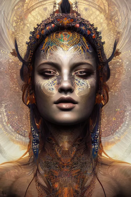 Image similar to a centered full body render of an alluring mystical goddess with tribal paintings surrounded by a underwater ink pour and flowing liquid galium and sacred geometry, perfect face, powerful, cinematic, beautifully lit, by artgerm, by karol bak, by viktoria gavrilenko, 3 d, trending on artstation, octane render, 8 k