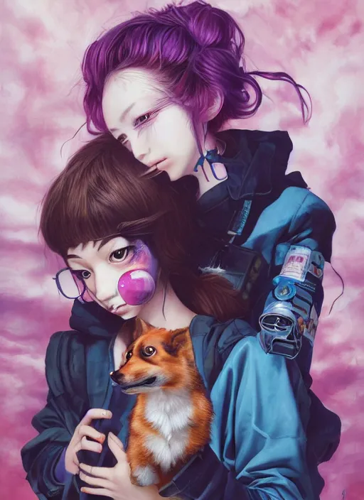 Prompt: beautiful portrait painting of a cute manga lofi cyberpunk princess and her corgi assassin king, by Afarin Sajedi, Alessandro Barbucci, Alex Gross, Shin Jeongho, Shohei Otomo. trending on Artstation, 8k, masterpiece, face enhance, graffiti paint, fine detail, full of color, intricate detail, golden ratio illustration