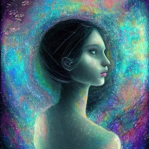 Image similar to beautiful detailed artistic portrait of a person travelling between different astral planes. the universe observing itself. grainy and rough. fine detail. soft colour scheme. artistic painting by lurid ( 2 0 2 2 ). featured on deviantart.