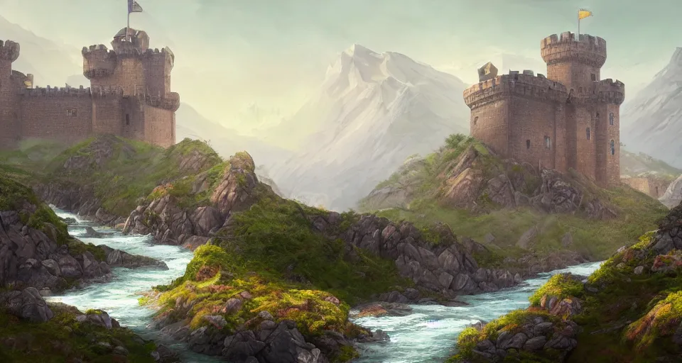 Prompt: A magnificent castle on the stretches of a vast land, fancy crenellations and sturdy reinforced walls looking, rivers and ocean, high mountains, painted in the style of concept artist Michael Kus, 4k