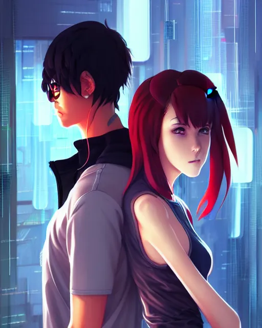 Image similar to young cyberpunk couple falling out of love, portrait shinkai makoto studio ghibli studio key hideaki anno sakimichan stanley artgerm lau rossdraws james jean marc simonetti elegant highly detailed digital painting artstation pixiv