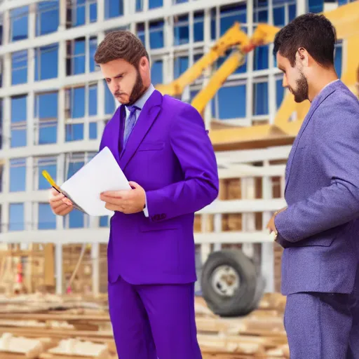 Image similar to woman in a purple suit scolding man in construction outfit holding clipboard, realistic, 4 k