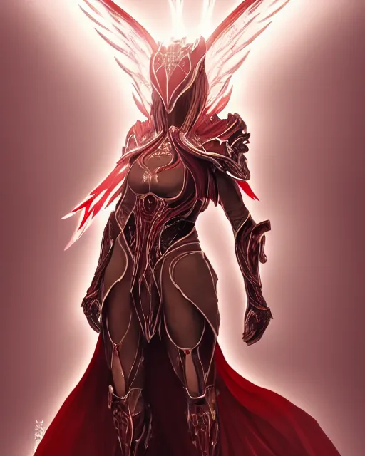 Prompt: tall, attractive red haired priestess wearing white dove wings, warframe armor, regal, attractive, ornate, sultry, sexy, beautiful, elize theron, pretty face, green eyes, scifi platform, 4 k, ultra realistic, epic lighting, illuminated, cinematic, black gold, art by akihito tsukushi, voidstar