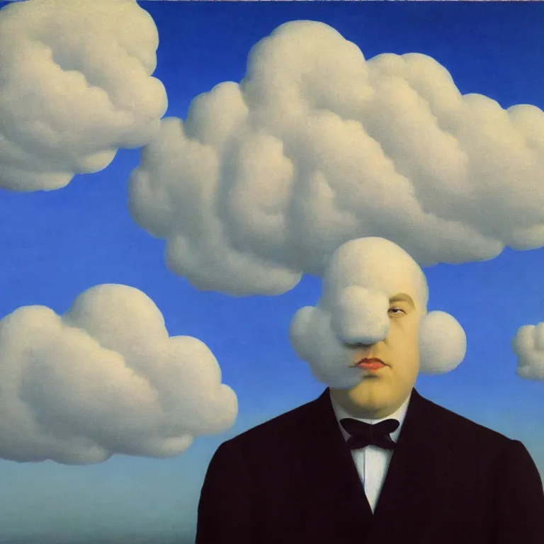 Prompt: portrait of a cloud man, by rene magritte, detailed painting, hd, hq, high resolution, high detail, 4 k, 8 k
