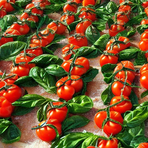 Image similar to an italian town made of pasta, tomatoes, basil and parmesan