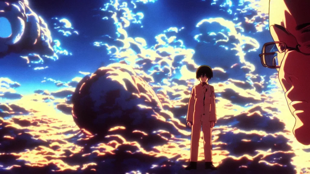 Image similar to god waits in front of volumetric light, anime film still from the an anime directed by katsuhiro otomo with art direction by salvador dali, wide lens