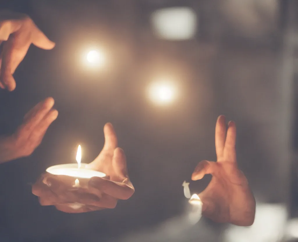 Prompt: first person point of view of man holding candle with his hand in a factory