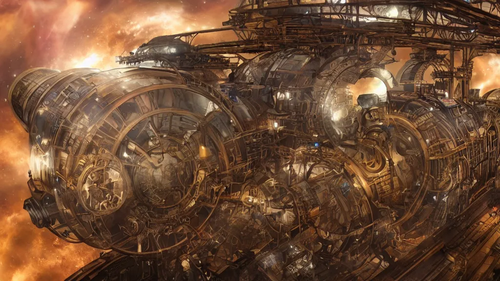 Prompt: Steampunk space train is leaving earth. Extremely detailed. Wide angle shot, 4K. Set in space