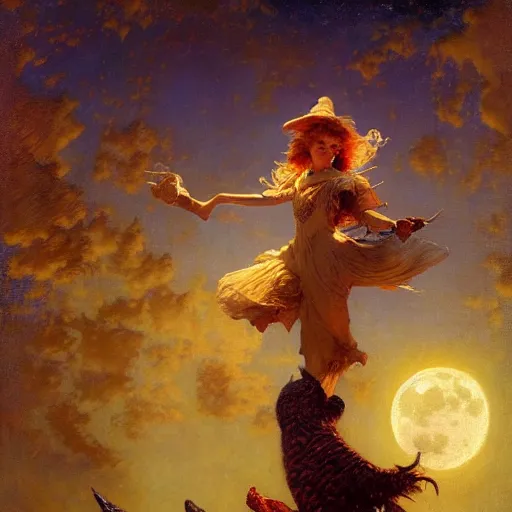 Image similar to witch flying, trough the night, fantasy, full moon in background. highly detailed painting by gaston bussiere, craig mullins, j. c. leyendecker 8 k