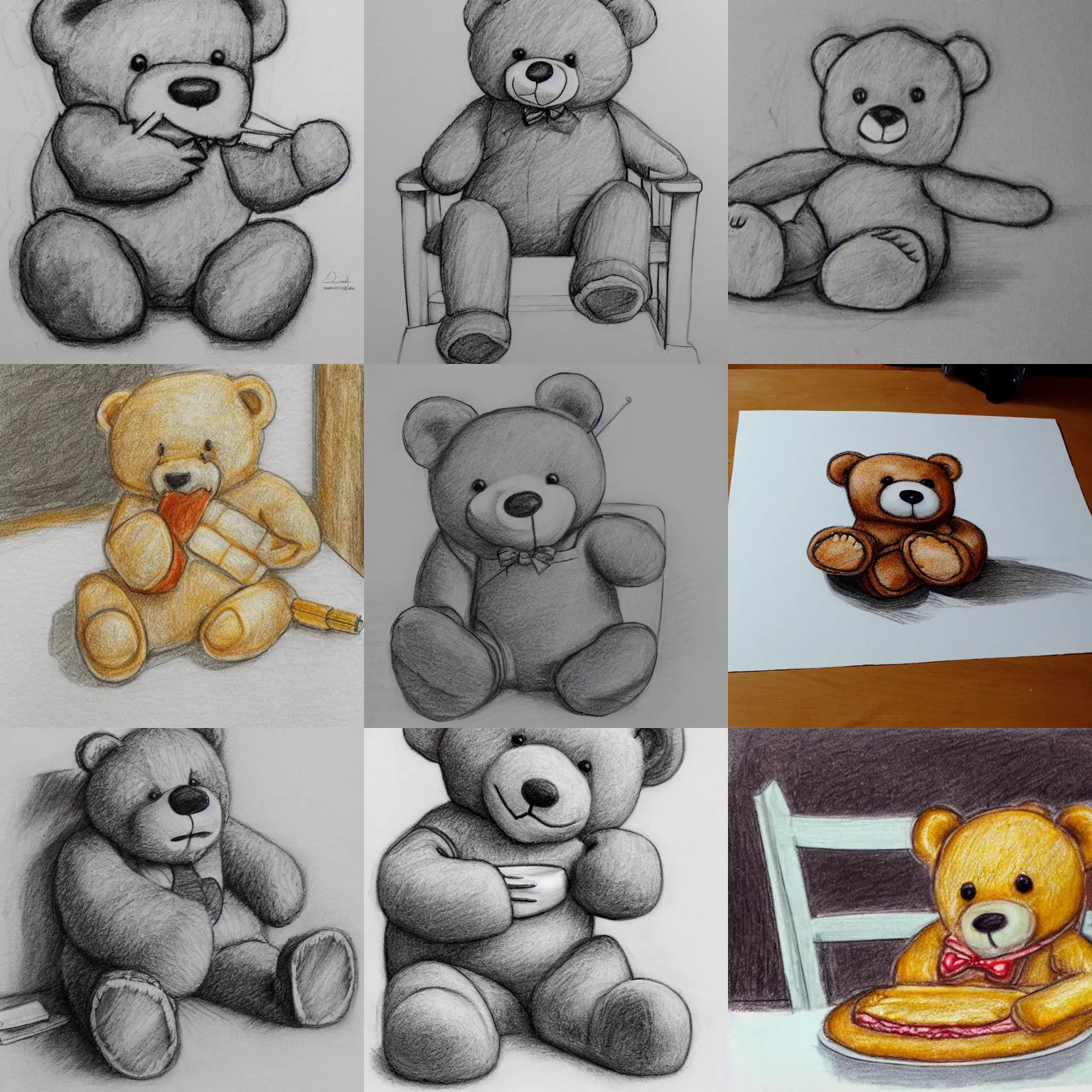 Prompt: a happy teddy bear eating lasagna, the teddy bear is sitting in a white chair at a white on a wooden terrace, pencil sketch, realistic, detailed