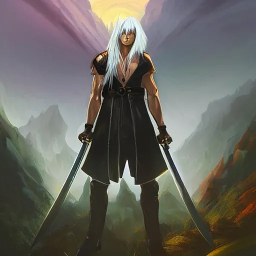 Prompt: sephiroth as mario , realistic, ultra detailed, menacing, powerful, dark, golden hour, forest, mountains in the background concept art Ross Tran