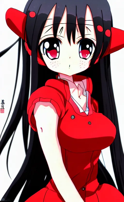 Image similar to anime girl with a detailed face and black hair in a red outfit, full body, trending, wide shot, illustration, by hiroyuki imaishi