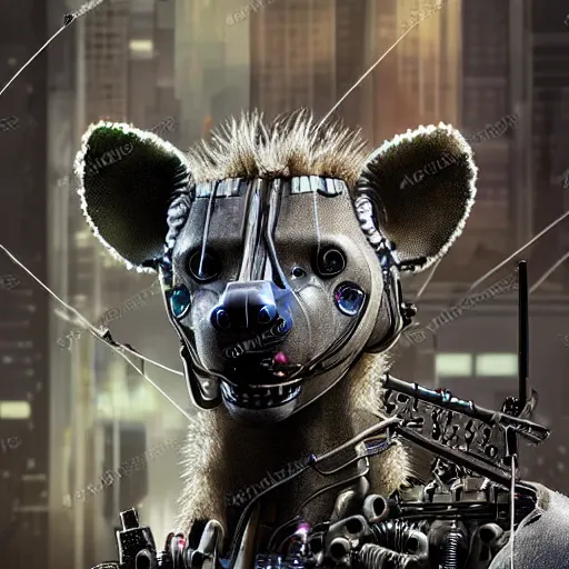 Prompt: robotic cyberpunk hyena, many wires and metal exposed, realistic photo, bladerunner