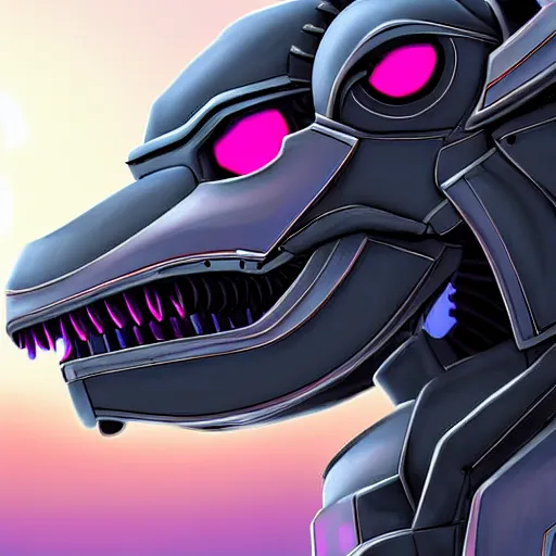 Image similar to close up bust of a cute stunning robot anthropomorphic female dragon, with sleek silver armor, a black OLED visor over the eyes, looking at the camera, her dragon maw open in front of the camera, camera looking down into the detailed living maw, about to consume you, on the beach at sunset, highly detailed digital art, furry art, anthro art, sci fi, warframe art, destiny art, high quality, 3D realistic, mawshot, dragon art, Furaffinity, Deviantart