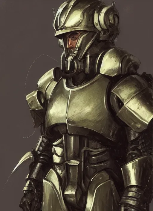 Image similar to medium-length portrait of a male paladin with short curly hair and a greying beard, olive skin, a grim expression and tired eyes, wears a suit of power armor, magitech!, Enchanted power armor, gundam, medieval setting, highly detailed, digital painting, artstation, concept art, sharp focus, illustration, art by greg rutkowski and alphonse mucha