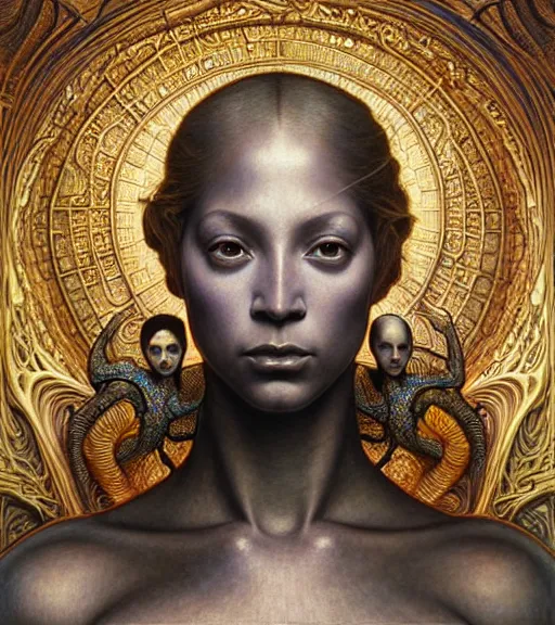 Image similar to detailed realistic beautiful young medieval alien robot beyonce face portrait by jean delville, gustave dore and marco mazzoni, art nouveau, symbolist, visionary, gothic, pre - raphaelite. horizontal symmetry by zdzisław beksinski, iris van herpen, raymond swanland and alphonse mucha. highly detailed, hyper - real, beautiful, fractal baroque