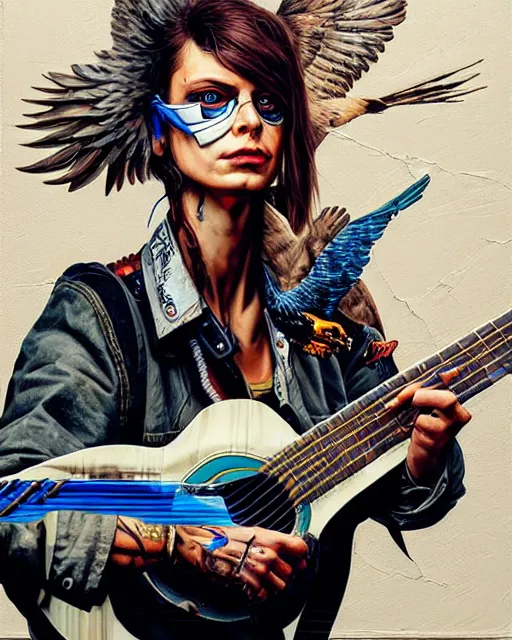 Prompt: a portrait of an anthropomorphic cyberpunk eagle strumming an acoustic guitar by sandra chevrier, by jon foster, detailed render, tape deck, epic composition, cybernetics, 4 k realistic, cryengine, realistic shaded lighting, sharp focus, masterpiece, by enki bilal