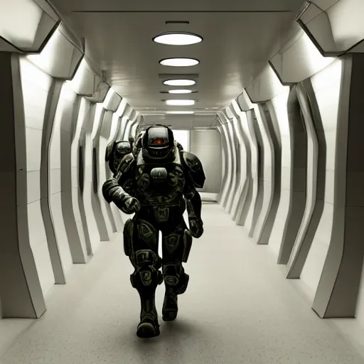 Prompt: detailed photo of two space marines, armed with futuristic assault rifles, walking down a futuristic hallway, in the style of halo