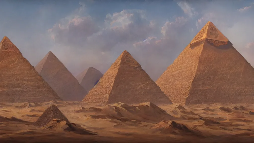 Prompt: Trending on artstation, beautiful pyramids with golden tips surrounded by desert, detailed matte painting, oil on canvas