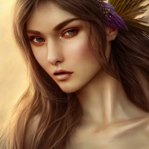 Image similar to a gorgeous mange female photo, professionally retouched, soft lighting, wearing a feather dress, realistic, smooth face, perfect eyes, wide angle, sharp focus on eyes, 8 k high definition, insanely detailed, intricate, elegant, art by artgerm and wlop