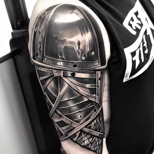 Prompt: A knight in armor, tattoo, tattoo art, Black and grey tattoo style