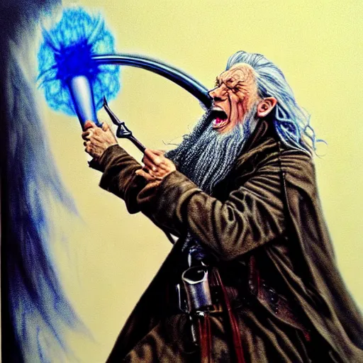 Prompt: dieselpunk Gandalf screams as he gathers his last mana, portrait, colored pencils, hyper realistic, hyper detailed, by Yves klein