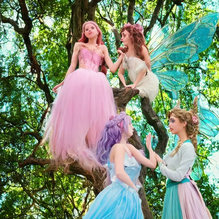 Image similar to a fairy and a disney princess having a conversation on top of a tall tree, aesthetic, pastel style, pastel coloring, beautiful angle