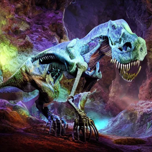 Image similar to photorealistic dinosaur skeleton inside a beautiful geode of colored crystals, volumetric lighting