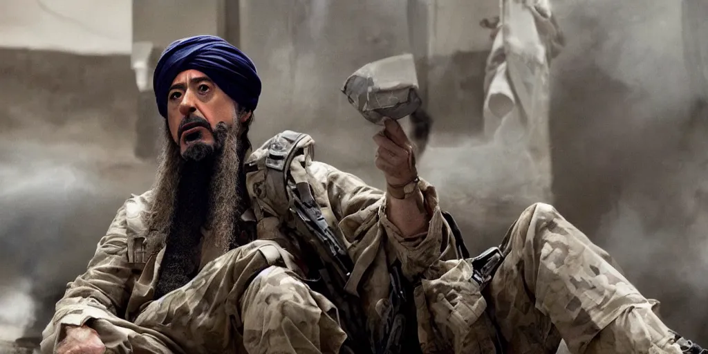 Image similar to Robert Downey Jr. as Osama Bin Laden in 'Big Bin' (2025), movie still frame, oscar nominated cinematography, volumetric lighting, 8k resolution, beautiful composition