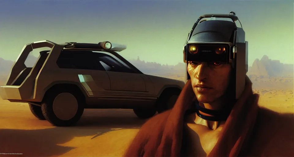 Image similar to protrait of a cyberpunk touareg, by ruan jia, weldon casey, ralph mcquarrie. smooth gradients, transparent inflatable structures in akakus desert.