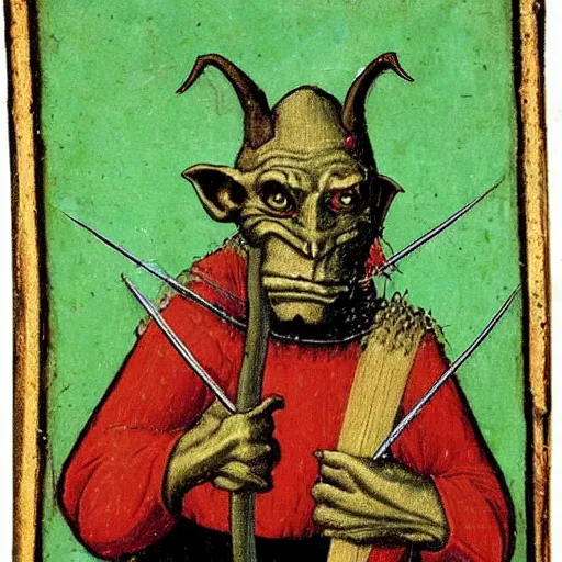 Image similar to medieval portrait of a goblin stabbed by a beautiful sword, simple