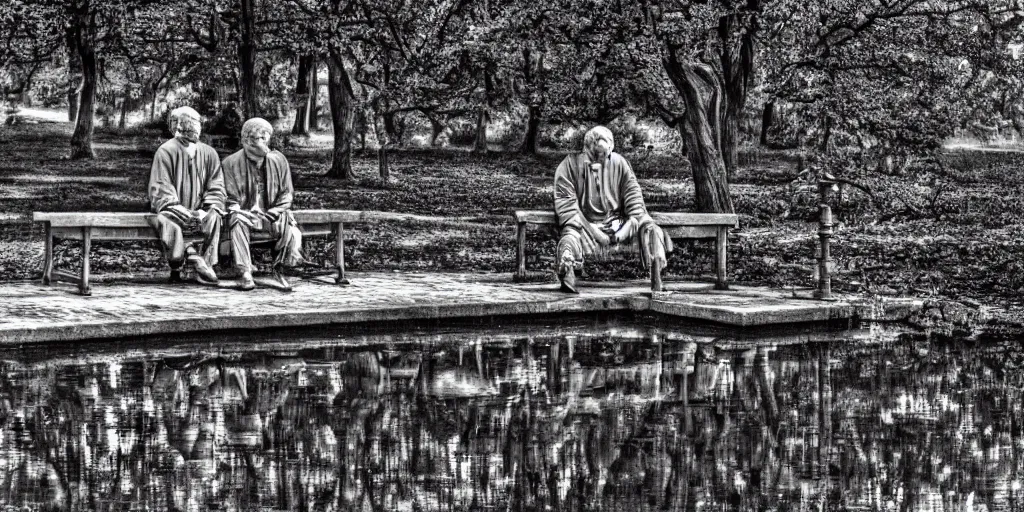 Image similar to mathematician and a philosopher sitting on a bench in front of a pond, intricate detailed reflection, HDR,