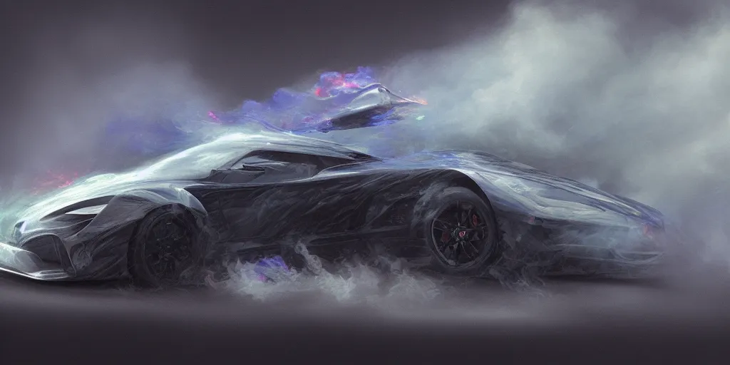 Image similar to full view of a sport car, surrounded in a detailed smoke, wet street, painted in dark color holographic pearlescent, elegant, digital painting, concept art, smooth, sharp focus, art style from Wang Ke and Greg Rutkowski and Bruce Kaiser and Scott Robertson and Dmitry Mazurkevich and Doruk Erdem and Jon Sibal, small style cue from Mad Max