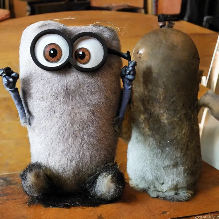 Prompt: photo of a badly taxidermied minion, creepy, real