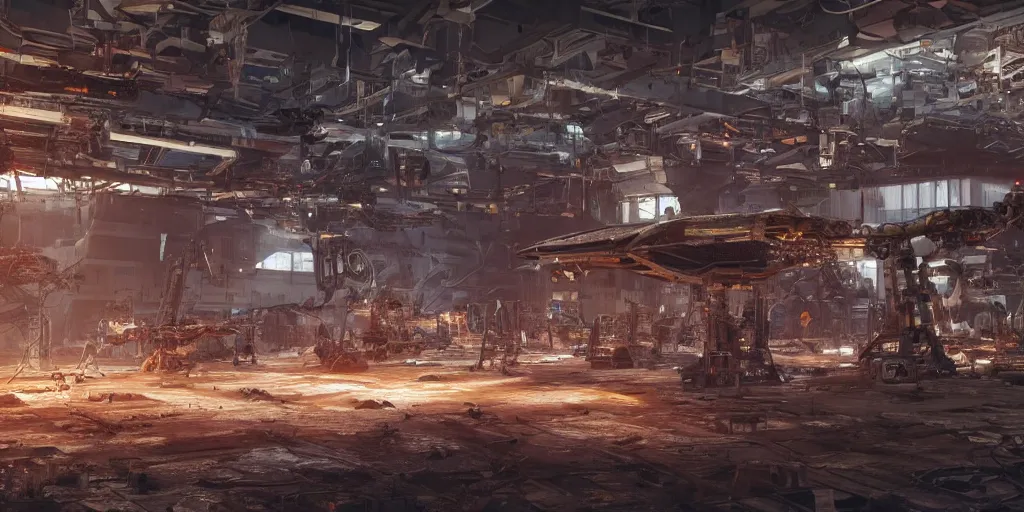 Prompt: 4 k rendered unreal 5 image of a space ship factory with lots of broken and damaged spaceships all coroded and rusted being fixed by robots, sparks and smoke, wet puddles reflecting