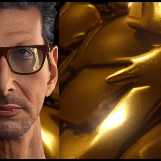 Image similar to hyperrealistic dslr film still of jeff goldblum disguised as gold doubloon, stunning 8 k octane comprehensive 3 d render, inspired by istvan sandorfi & greg rutkowski & unreal engine, perfect symmetry, dim volumetric cinematic lighting, extremely hyper - detailed, incredibly real lifelike attributes & flesh texture, intricate, masterpiece, artstation, stunning