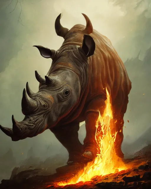 Prompt: oil painting of Anthropomorphized Rhino, wearing fur cloak, sharp focus, holding gigantic burning Axe, warrior clothes, heroic pose, dramatic artwork, fantasy style, octane render, volumetric lighting, 8k high definition, by greg rutkowski, highly detailed, trending on art Station, magic the gathering artwork, burning fire Battlefield background, centered