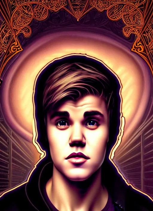 Image similar to portrait of justin bieber glowing eyes, volumetric lights, feast, music notes, art nouveau botanicals, gothic, intricate, highly detailed, digital painting, artstation, concept art, smooth, sharp focus, symmetric face, illustration, steampunk, art by artgerm and greg rutkowski and alphonse mucha