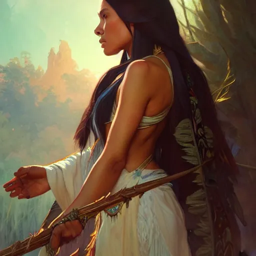 Image similar to Pocahontas, D&D, fantasy, intricate, elegant, highly detailed, digital painting, artstation, concept art, matte, sharp focus, illustration, art by Artgerm and Greg Rutkowski and Alphonse Mucha