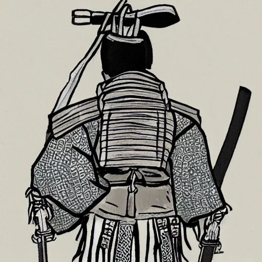 Image similar to A FULL BODY PORTRAIT FROM BEHIND OF A SAMURAI WITH A KATANA AND A CHAIN , ink style , sketch