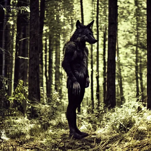 Prompt: standing werecreature consisting of a human and wolf, photograph captured in a forest