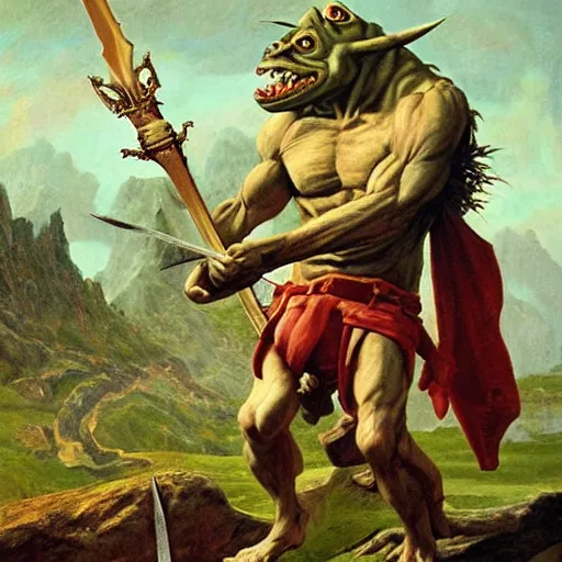 Prompt: dog - faced muscular goblin, ugly face, lizard tail, holding scimitar made of bone, scimitar, sword, jagged sword, curved sword, orkish sword, colorized, green skin, red sky, wasteland, hyper - detailed, primeval fantasy, prehistoric fantasy, art by jacques - louis david